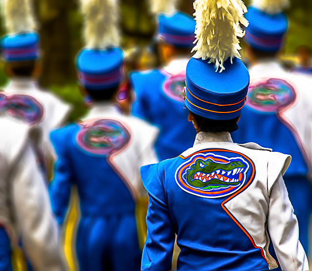 Florida Gators marching band parading in full uniform