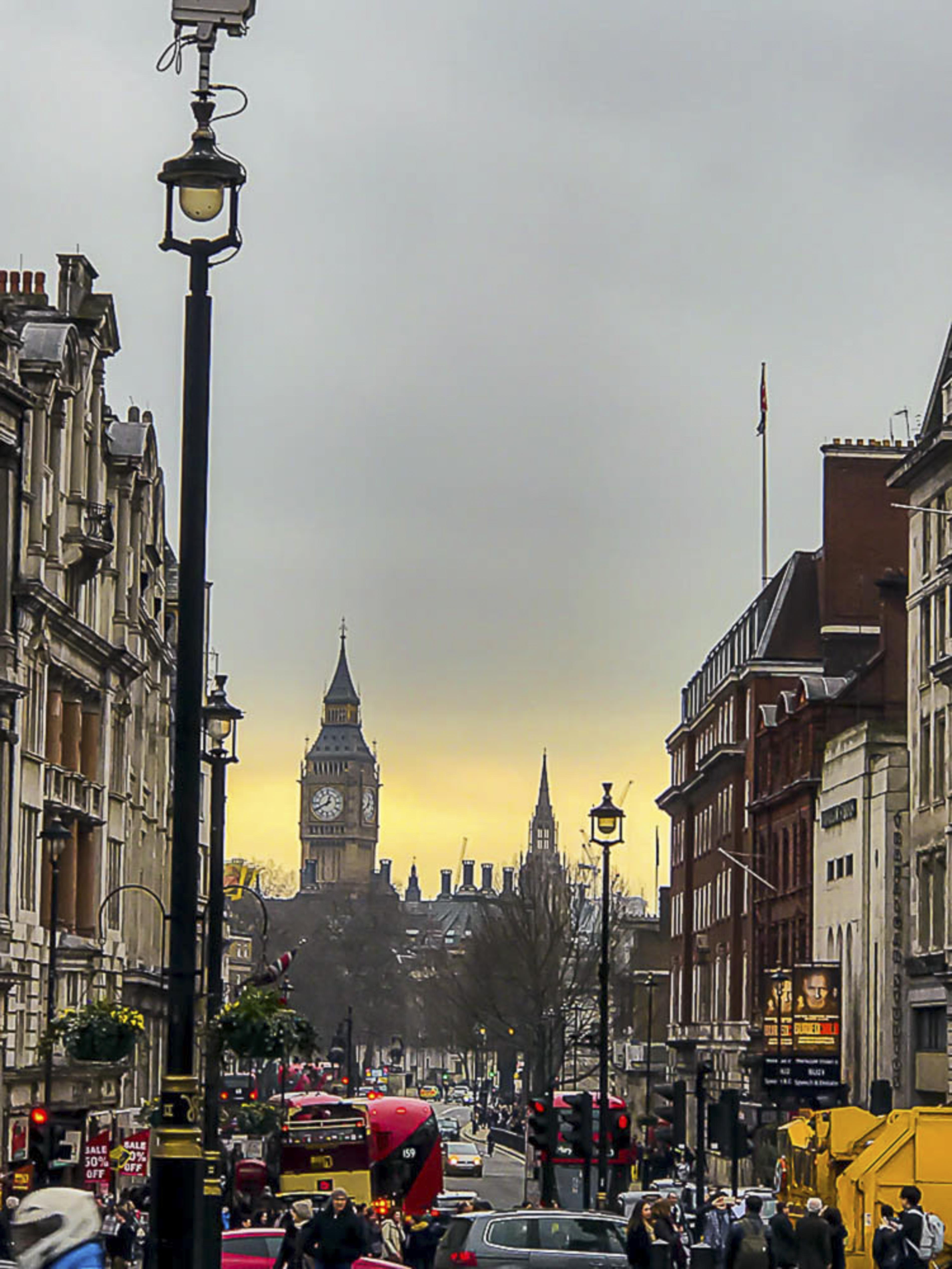 Big Ben and the Palace of Westminster viewed down Whitehall at sunset