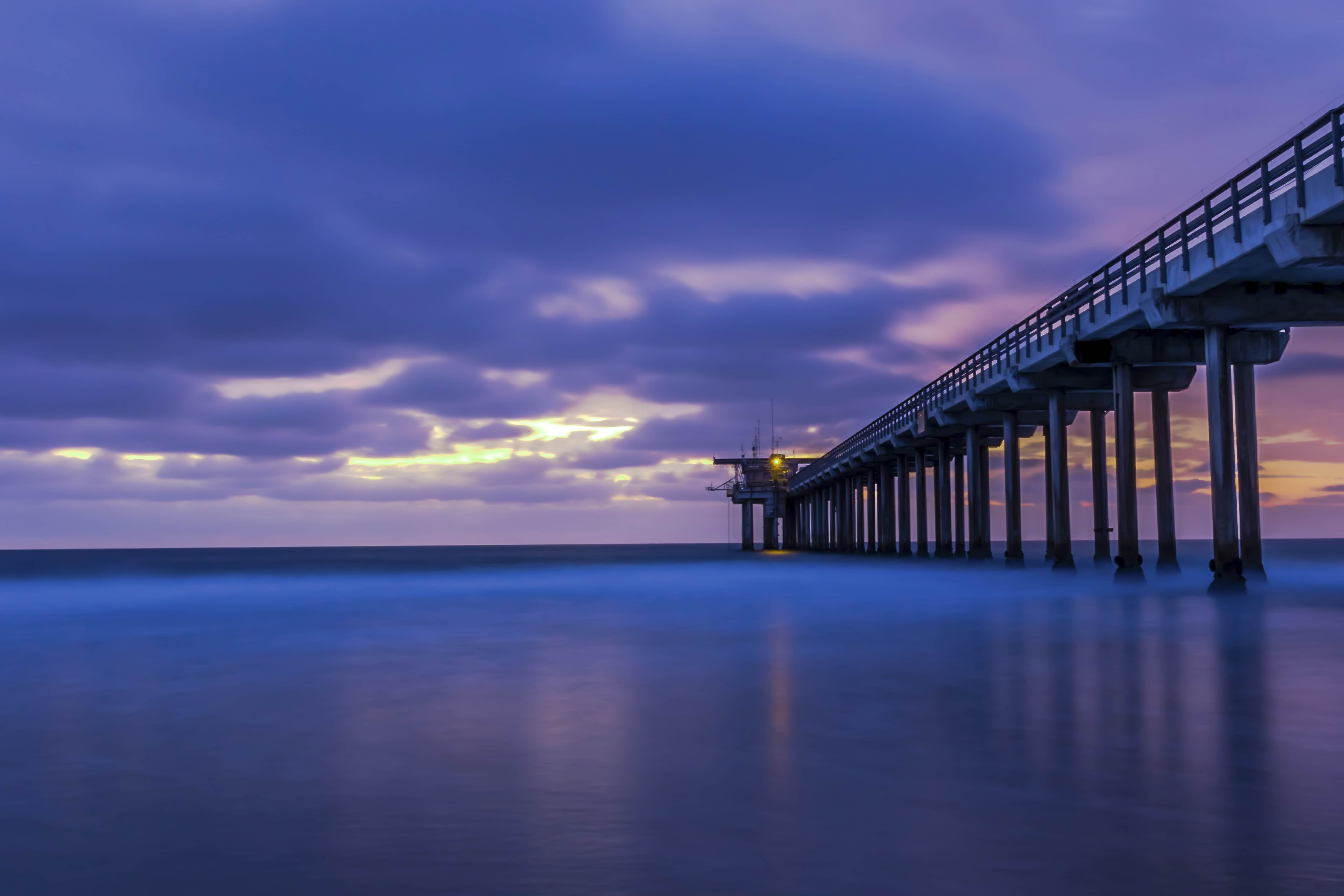 Scripps Pier at blue hour — long exposure over a calm Pacific