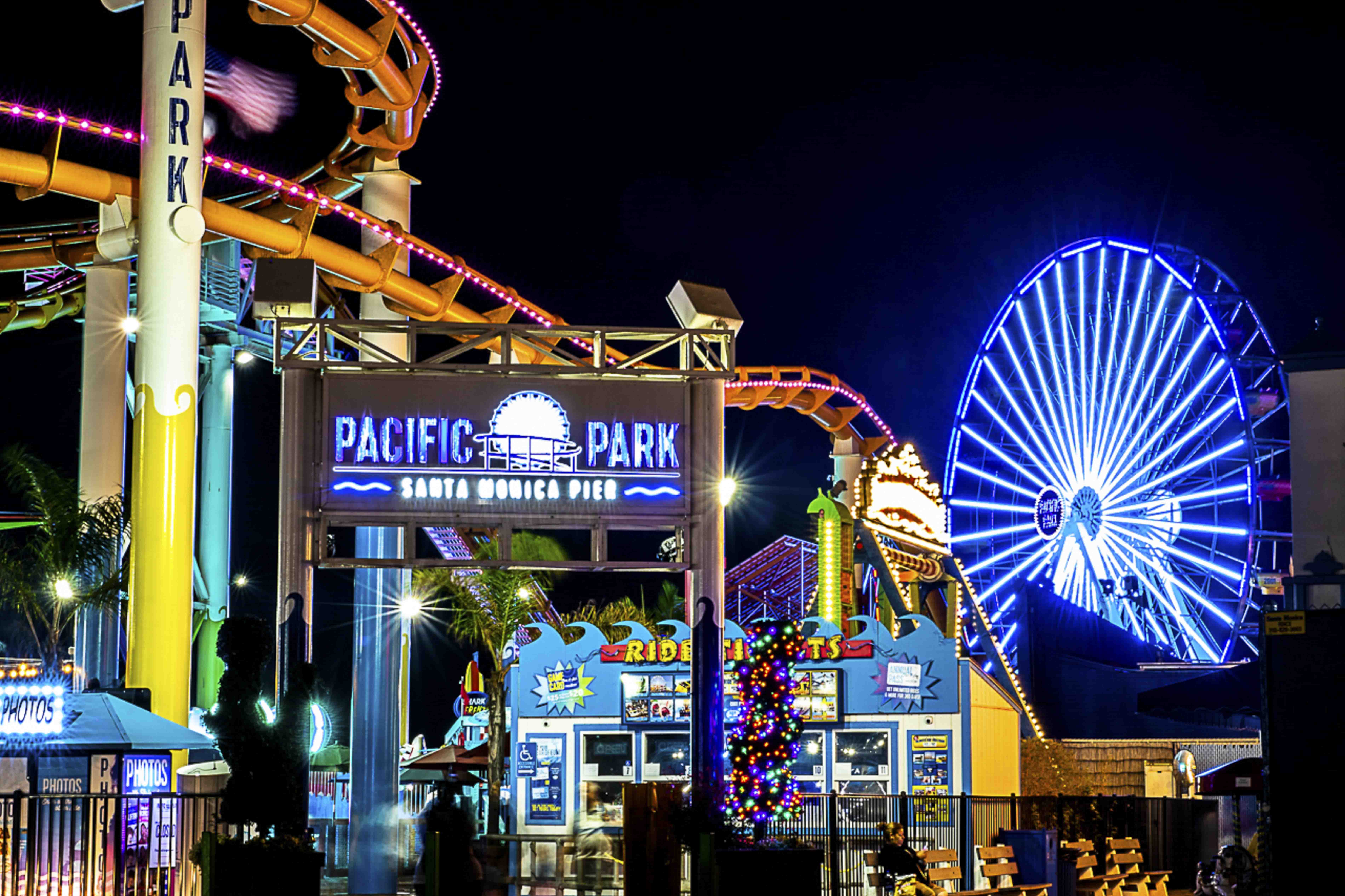 Pacific Park at night — neon lights of the Santa Monica Pier