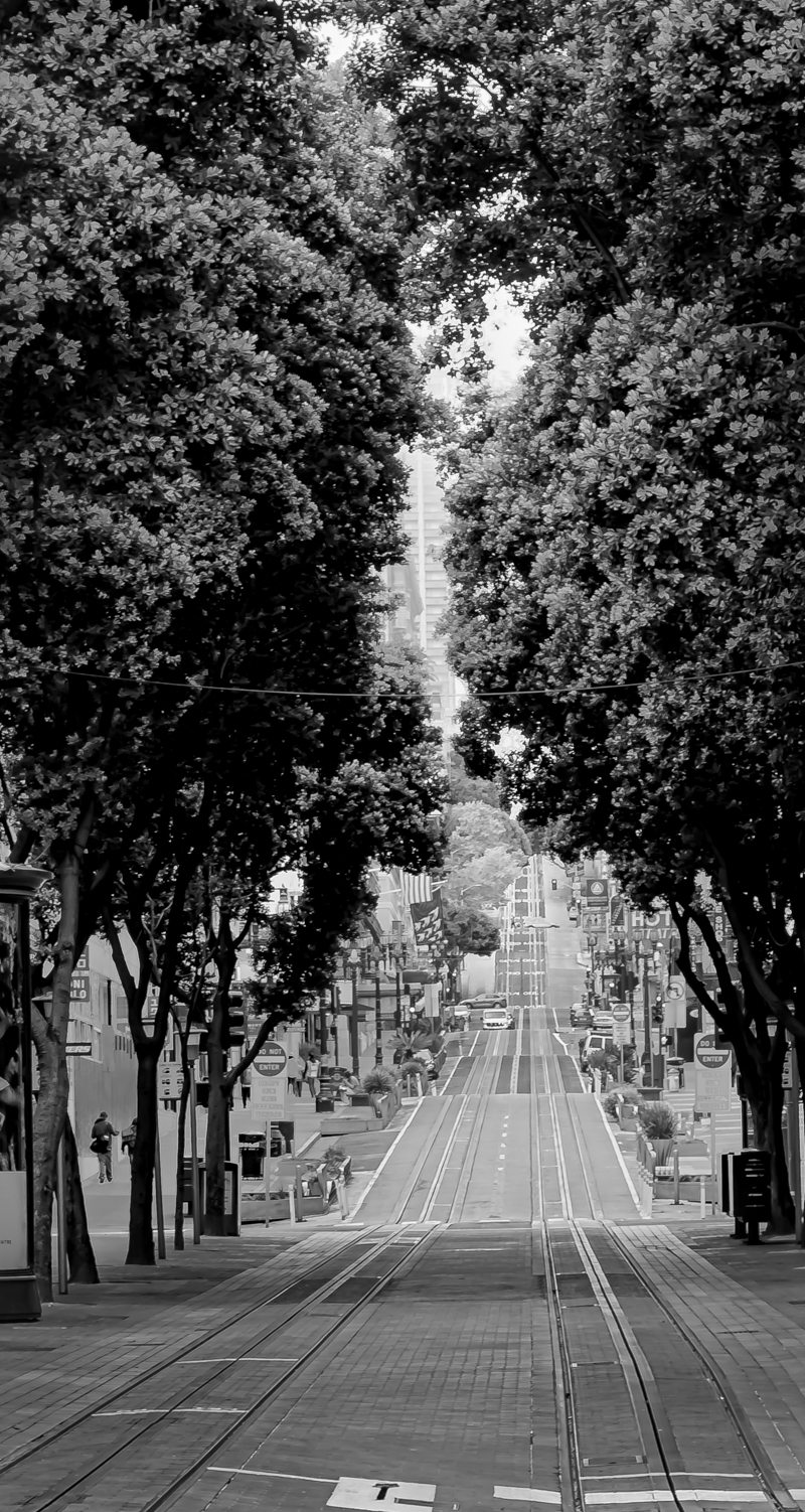 Lone pedestrian crossing an otherwise empty city street