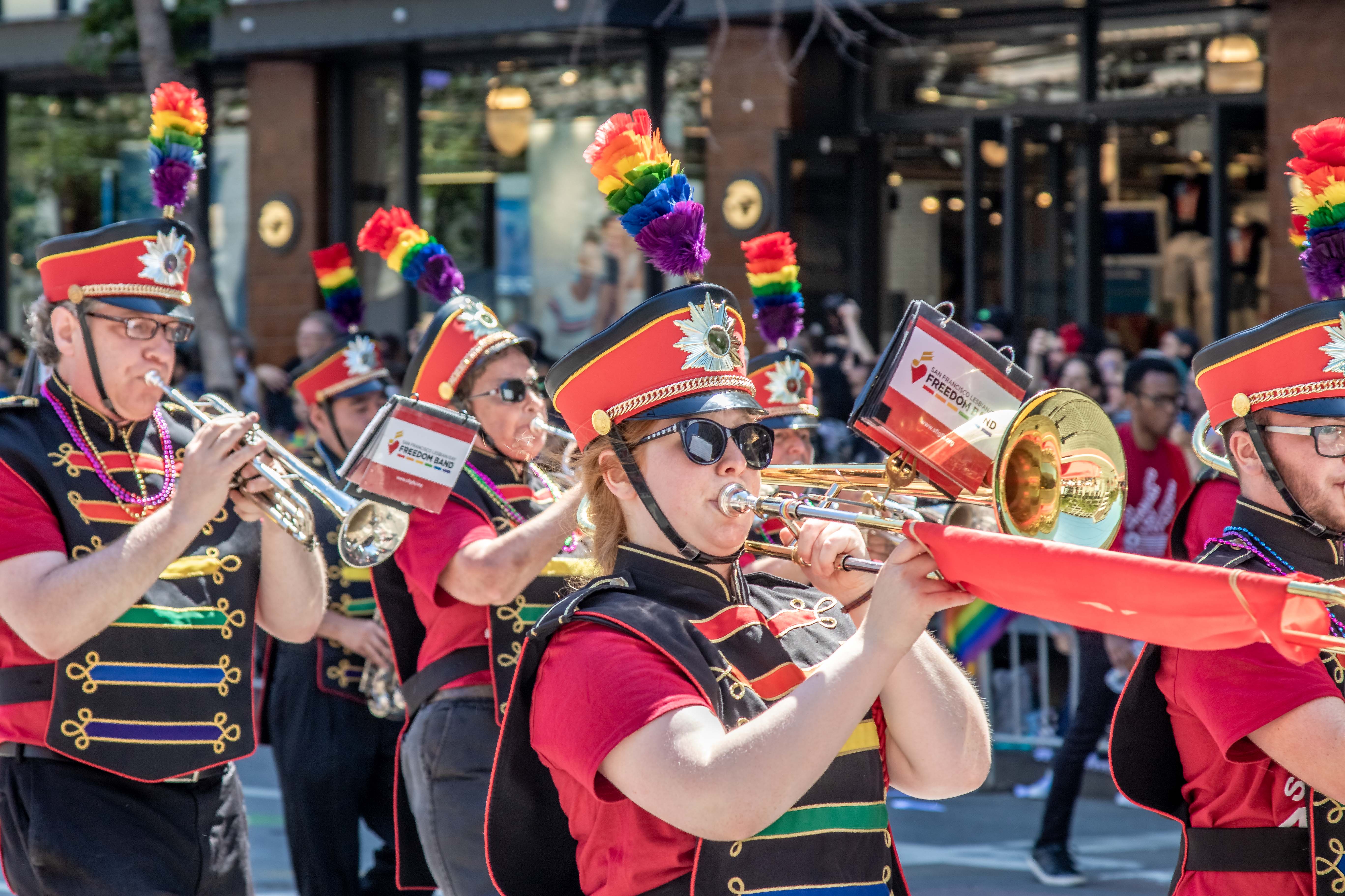SF Pride — band member playing in the afternoon sun
