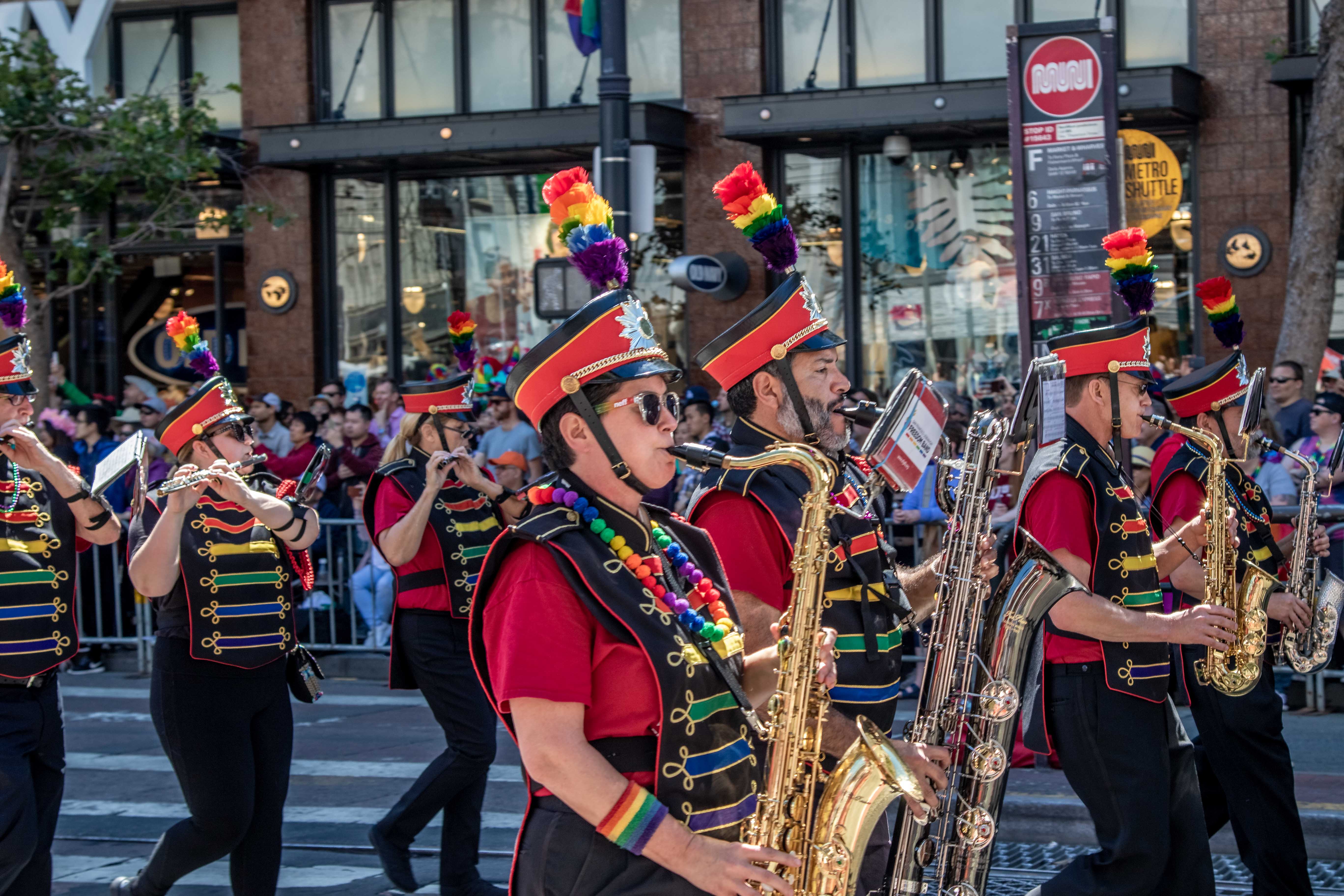 SF Gay Pride Parade — marching musicians along the route