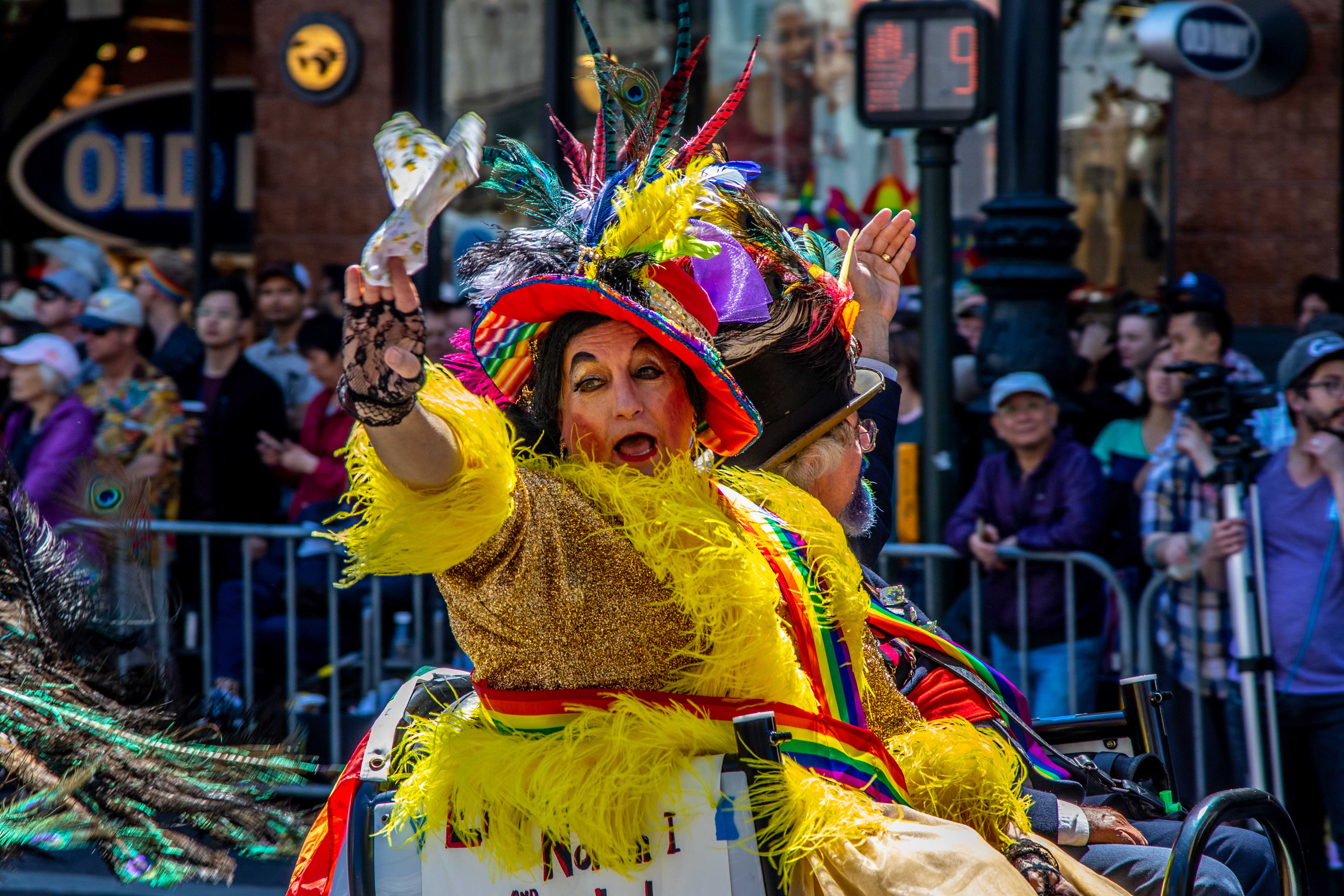 SF Pride — band members marching with pride flag patches on uniforms