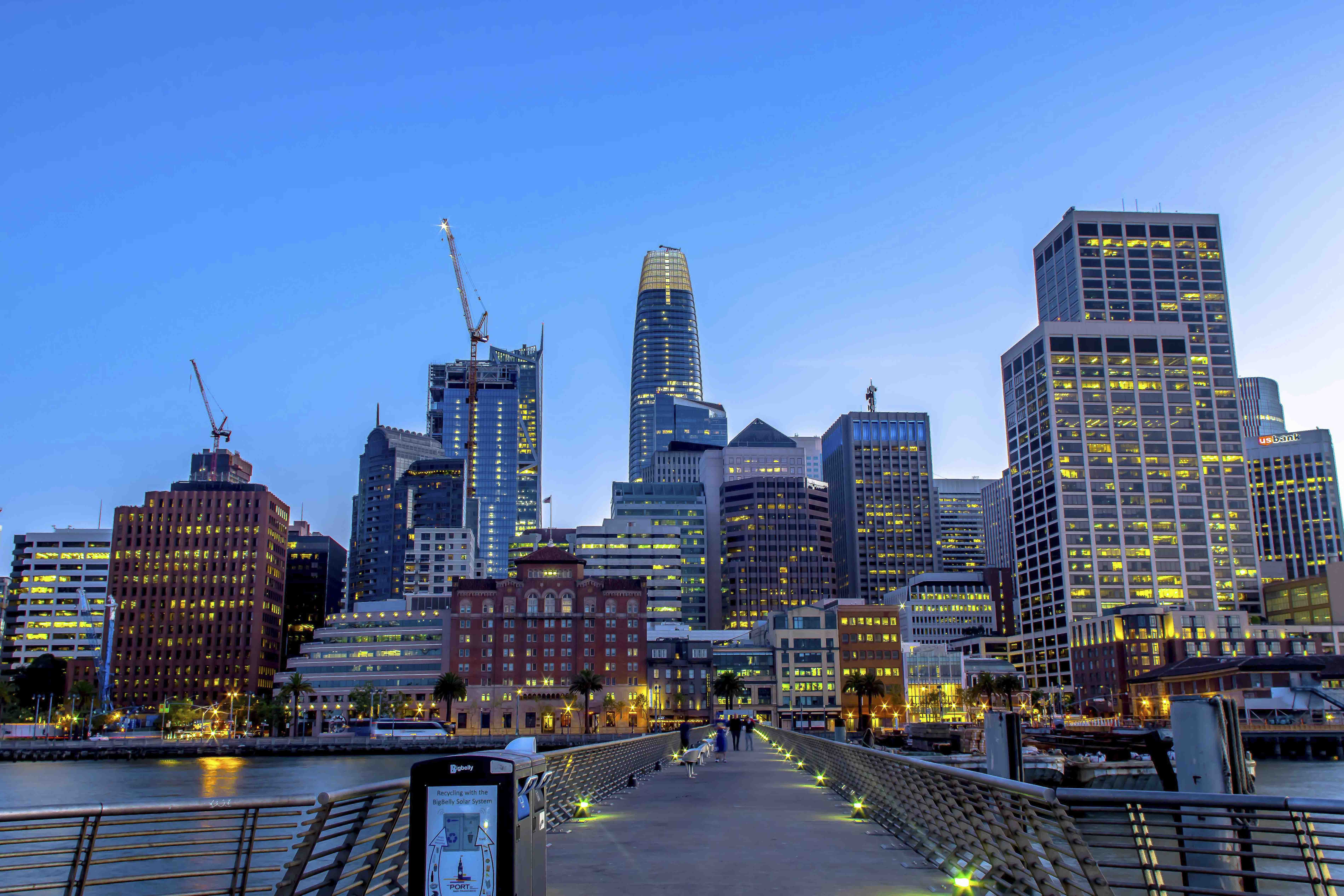 SF skyline at blue hour from the waterfront pier, Salesforce Tower prominent