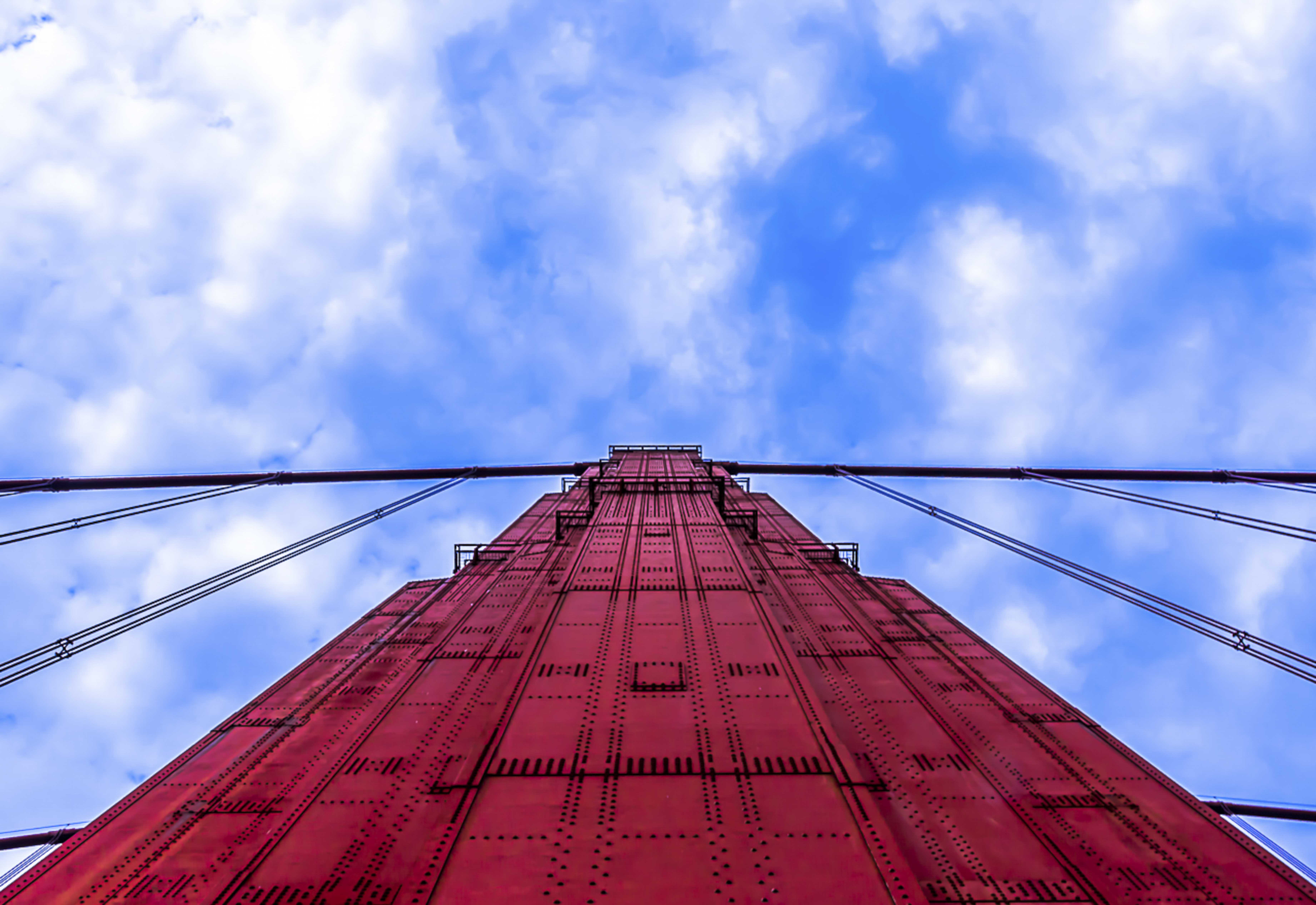Looking straight up the south tower of the Golden Gate Bridge