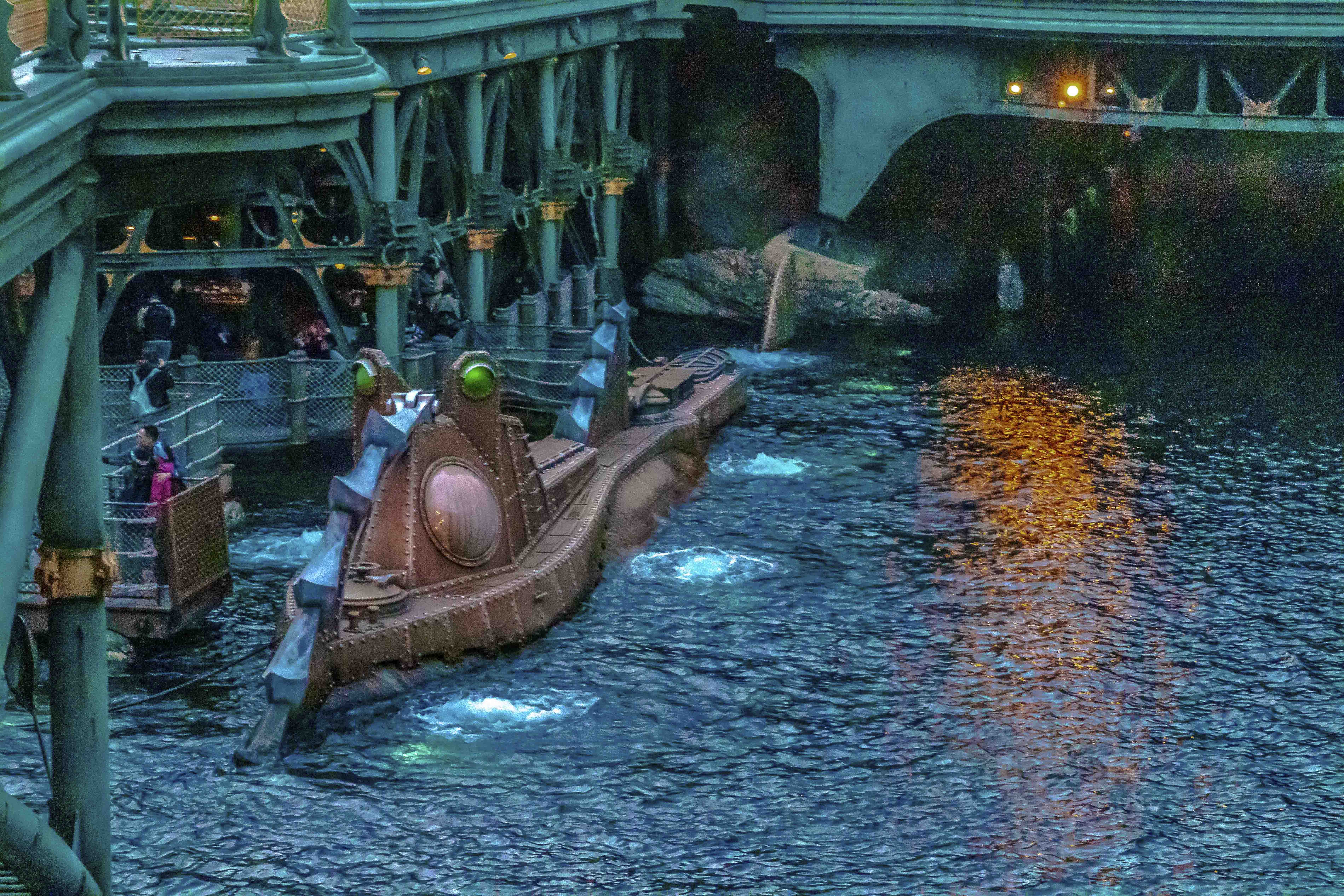 Mysterious Island — the 20,000 Leagues Under the Sea submarine surfaces at dusk