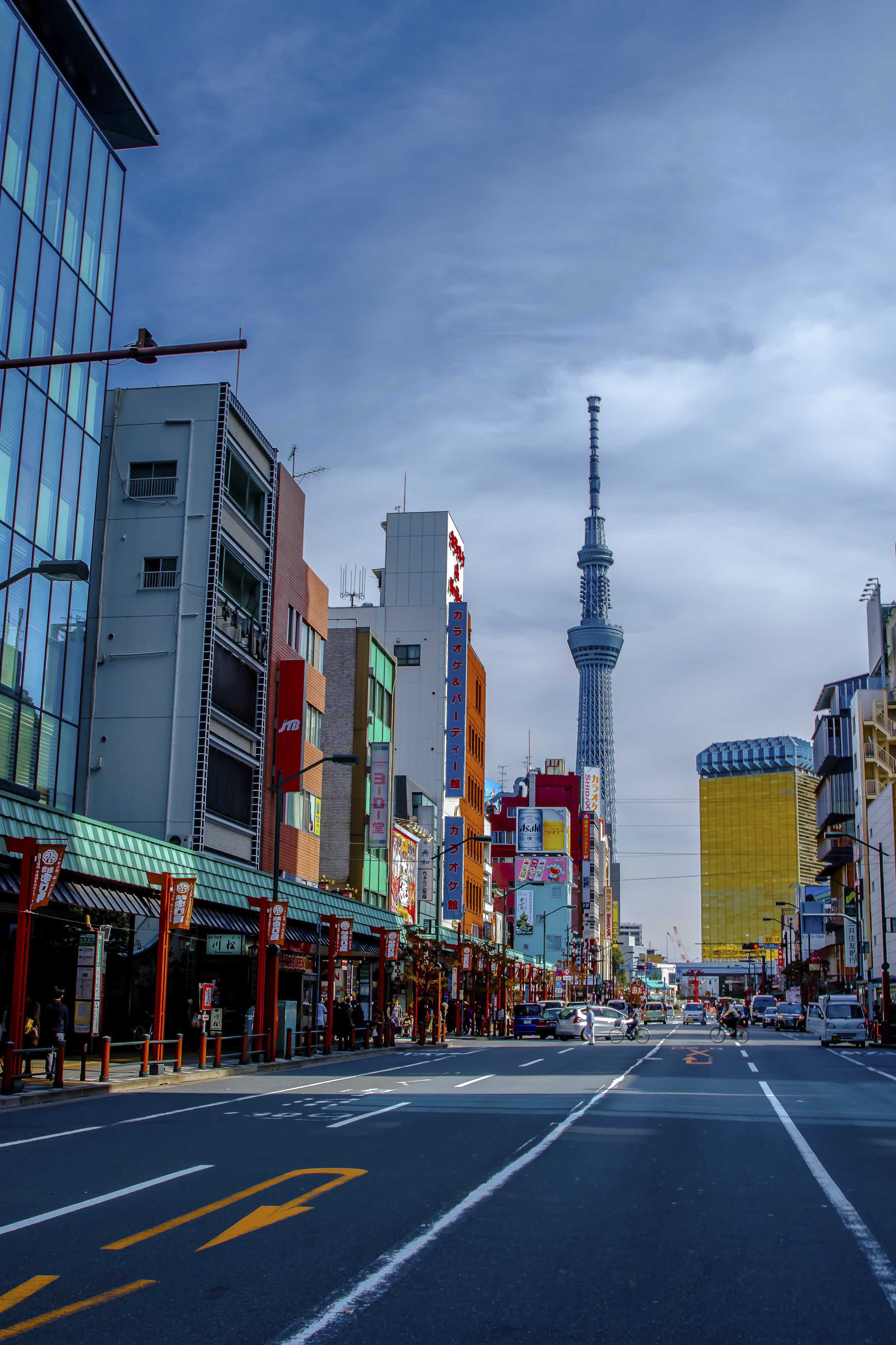 Tokyo Skytree rising above Asakusa at dusk