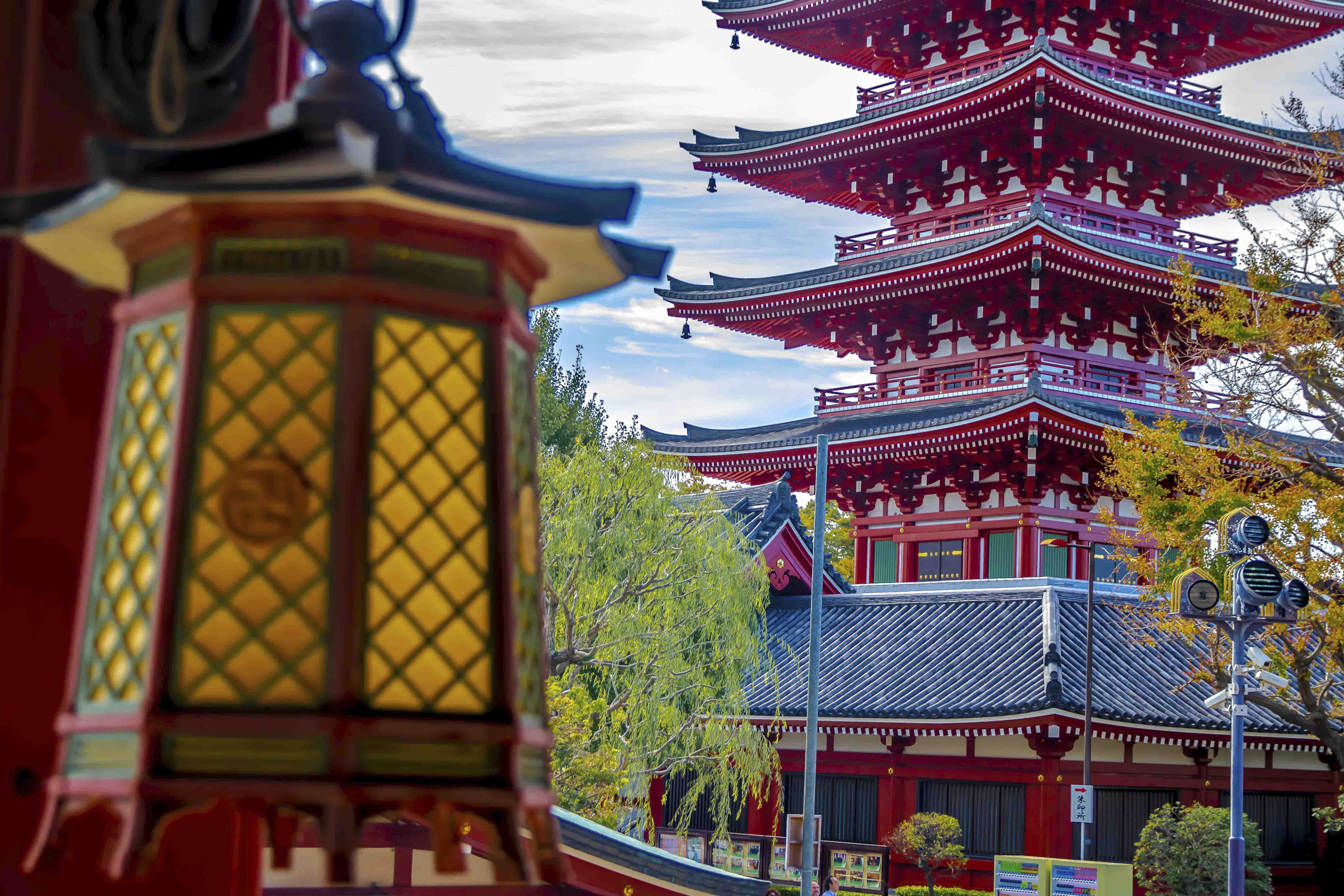 Bronze lantern framing the Five-Story Pagoda