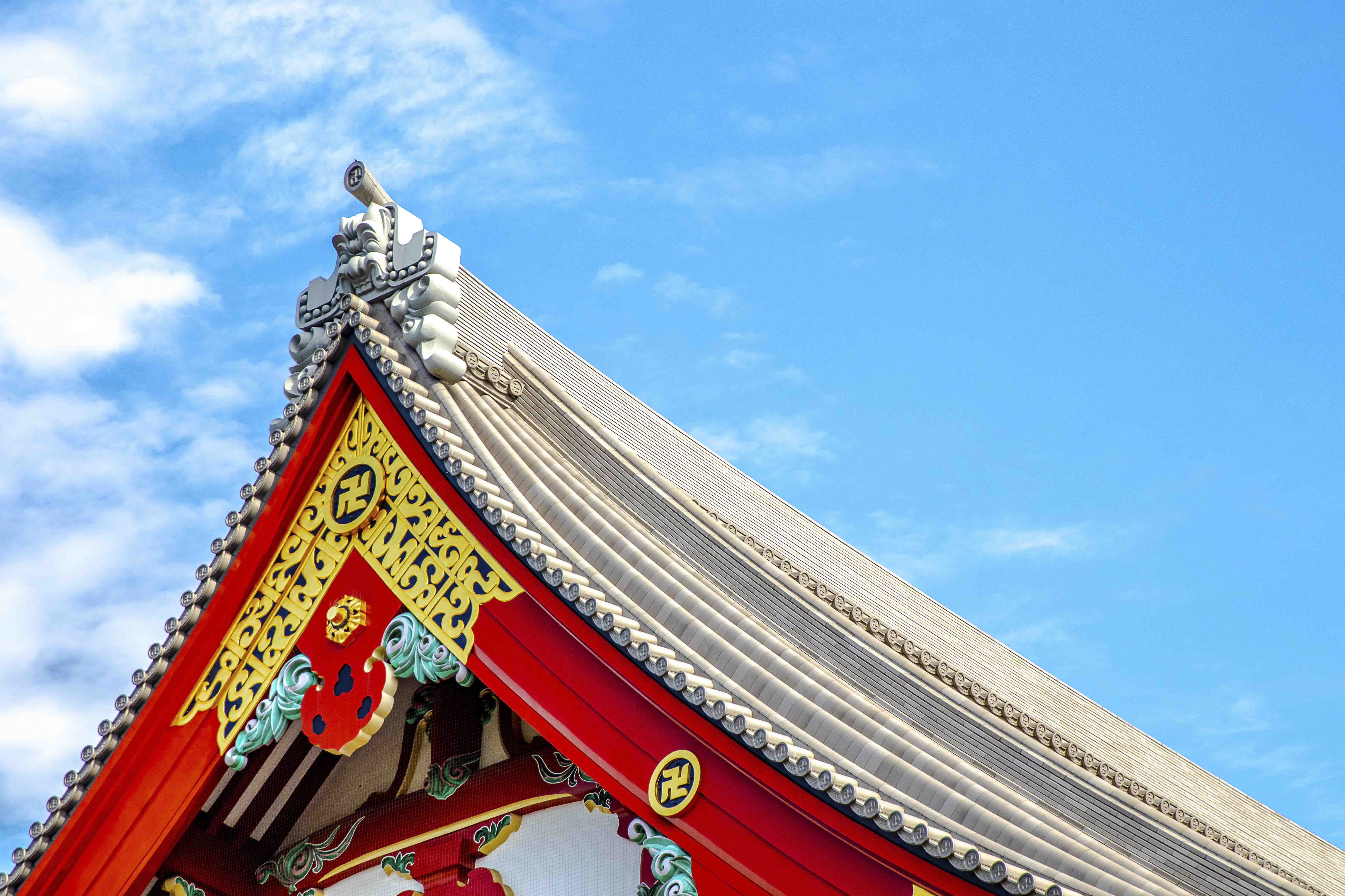 Ornate gable of Senso-ji main hall with gold detailing