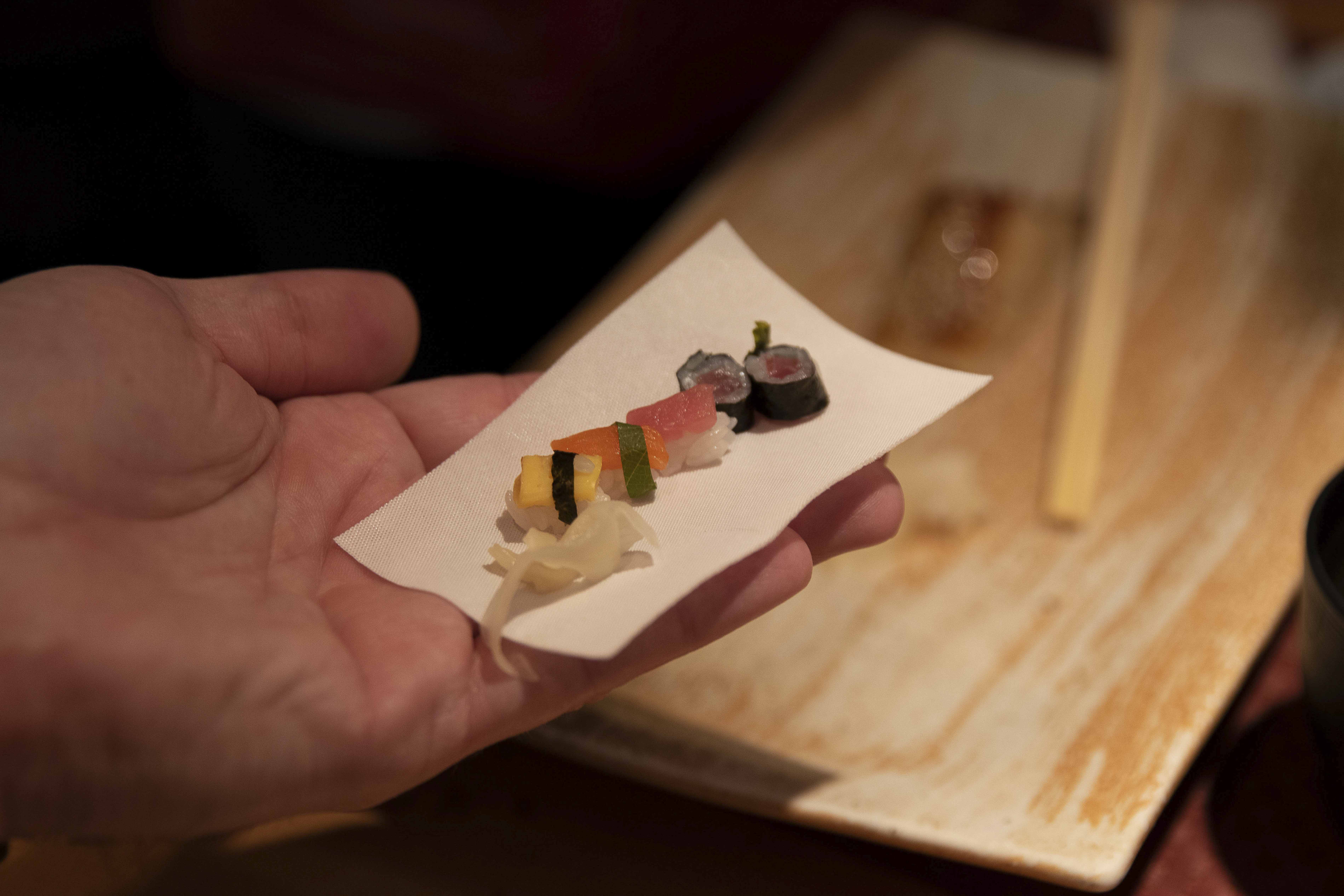 Fresh sushi served on washi paper